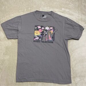 MTV Music Television Graphic T-Shirt Mens Small? Gray Floral Logo Tee
